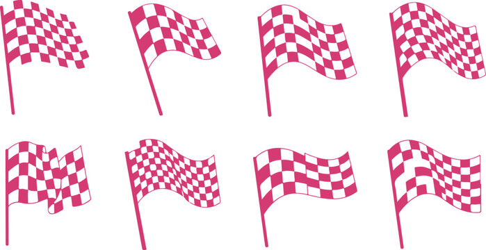 Set of eight checkered racing flags waving isolated on transparent background for sports graphics and illustrations