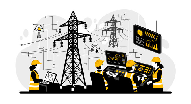A team of skilled engineers in hard hats and safety vests monitors a complex power grid on computer screens with electrical transmission towers in the back.