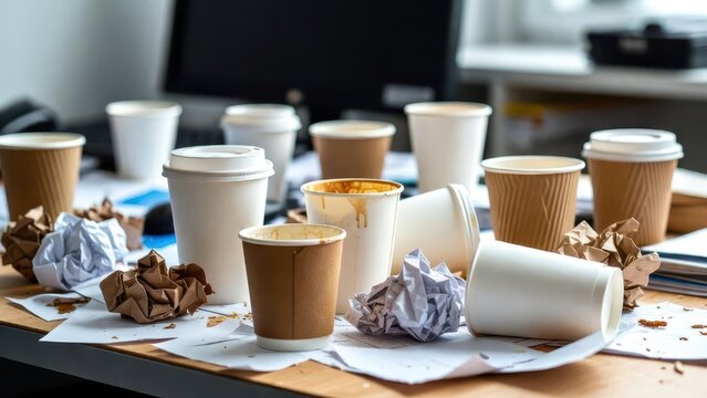 Messy office table with discarded coffee cups and crumpled paper