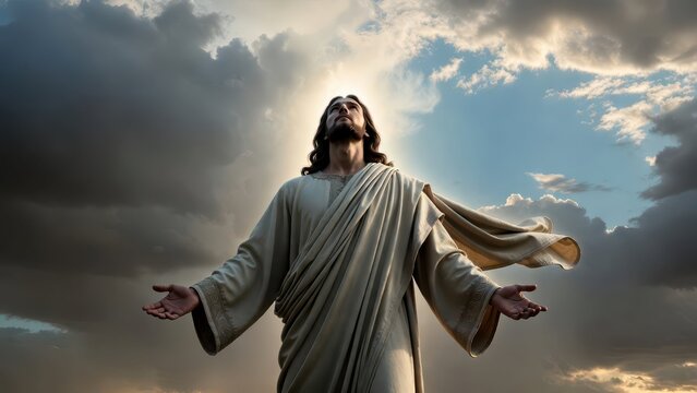 Ethereal Figure in Robes with Outstretched Arms against Cloudy Sky