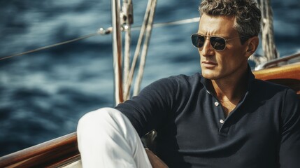 Obraz premium Handsome man in casual elegant summer outfit on sailing yacht, navy polo and sunglasses, luxury ocean travel lifestyle, confident pose, blue sea horizon, modern male fashion portrait