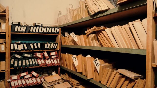 Old Document Archive With Rows Of Paper Folders And Files. Vintage Records Storage