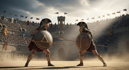 Ancient warriors duel in dusty arena, spectators watch from stadium seats