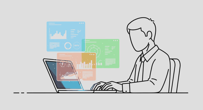 A man in a business shirt works on a laptop with colorful data visualization graphics floating above the screen on a plain background.