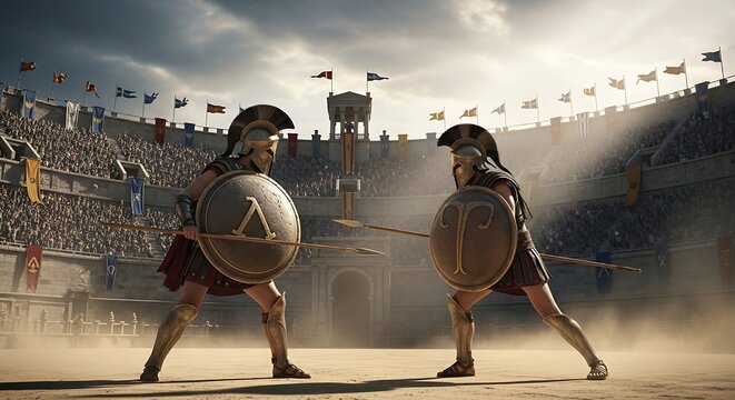 Ancient warriors duel in dusty arena, spectators watch from stadium seats