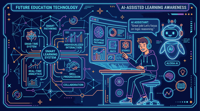 Neon-lit illustration of a student using a laptop surrounded by educational technology and AI-assisted learning graphics on a dark blue background with futuristic lines and symbols.