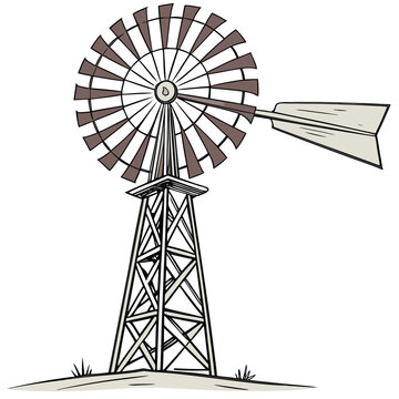A detailed illustration depicts a classic american windmill standing prominently against a plain white background showcasing its rustic charm high quality professional