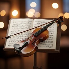 Naklejka premium An elegant violin rests on a stand with sheet music, soft bokeh lights in background