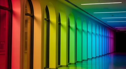 Fototapeta premium Vibrant vertical stripes of red, yellow, green, blue, and purple in a modern abstract composition orange