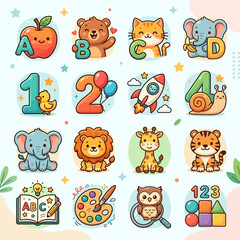 Fototapeta premium Cute Cartoon Animals and Alphabet Vector Illustration Set for Kids Education and Kindergarten Design