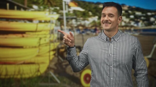 Man with moustache in checked shirt points finger at stacked yellow kayaks and wheeled rack against beach backdrop in studio; cheerful leisure travel.