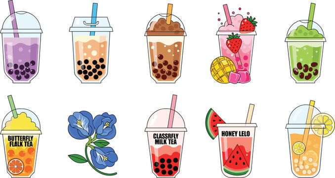 Colorful Bubble Tea and Fruit Tea Vector Illustration Set Featuring Boba Milk Tea, Butterfly Pea, Strawberry, Watermelon, and Mango Flavors for Cafe Menu Designs