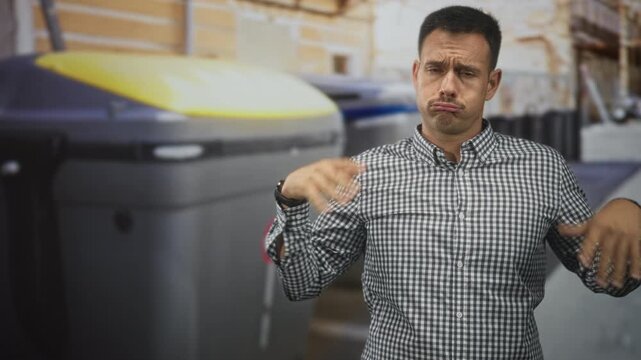 Man in checkered shirt pinches nose and gestures with hands beside large trash bins on street; disgust.