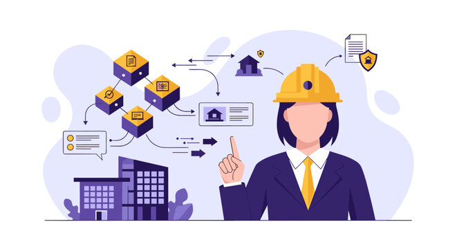A professional woman in a yellow hard hat points toward a complex flowchart of yellow blocks and house icons in a clean office with purple color tones.
