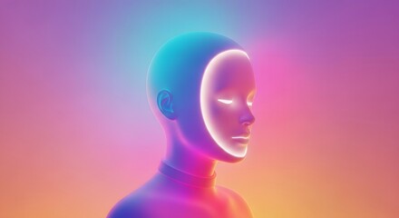 Obraz premium Luminous female humanoid face with glowing mask effect. Virtual reality and digital identity concept. Person with radiant light emanating from facial features in sunset colors