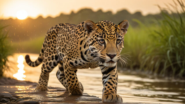 A young  evil focused jaguar cub moving with unpredictable steps in a radiant sky river,