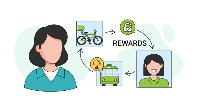 A stylized woman connects a vibrant green electric bicycle to a public bus icon to earn reward points within a clean and minimalist light pastel setting.