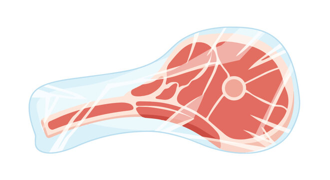 Vector illustration of a raw tomahawk steak or bone-in beef ribeye wrapped in clear plastic film packaging, isolated on a white background for grocery and butcher shop concepts