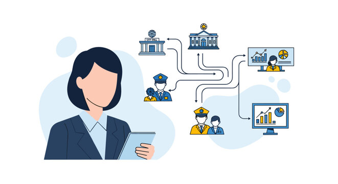 A professional woman in a dark suit holds a tablet while a complex flow chart connects city hall, police, and data monitors in a clean white setting.