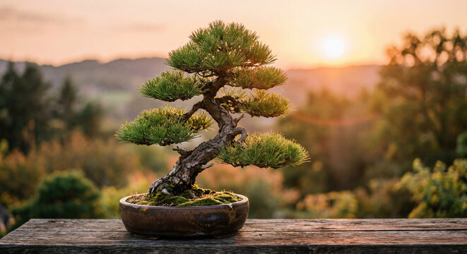 Potted bonsai pine tree on wooden table at sunset