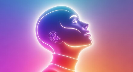 Obraz premium Neon outline of a human profile with light glow. Transhumanism and digital consciousness. Glowing thin line art of a person head in vibrant colors