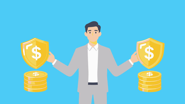 Businessman holding shields with coins