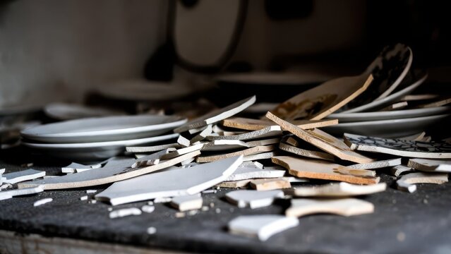 Broken Plates and Shattered Ceramics in a Messy Kitchen Setting
