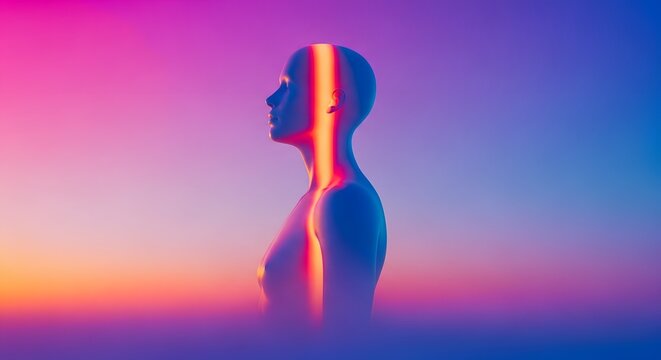 Full human torso silhouette with a vertical glowing light beam. Energy flow and vitality concept. Side profile of a glowing figure standing in a vibrant orange and blue sunset landscape