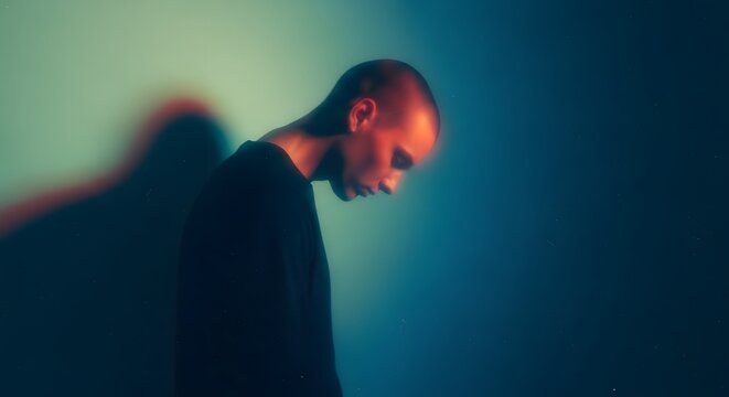 Silhouette of a man looking down in deep shadow. Solitude and depression concept. Person standing alone in dark misty room with dramatic backlighting