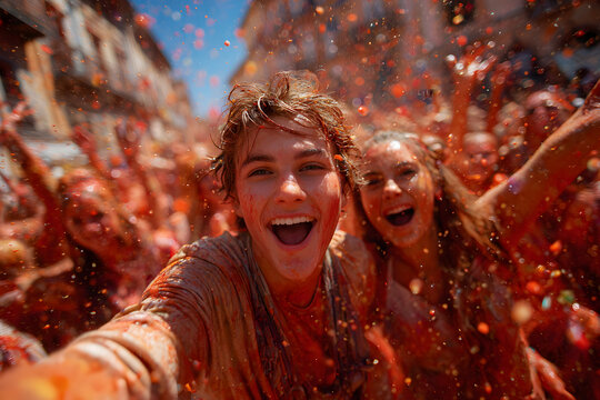 The Tomatina festival has a unique atmosphere that people enjoy, and young people joyfully throw tomatoes. This is a traditional celebration in Bunol, located in the Valencia region of Spain.