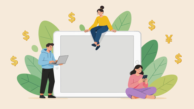 People using devices with money symbols