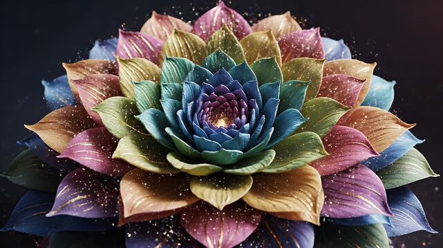 Vibrant Multicolored Lotus Flower Sculpture - A stunning close-up of a multicolored lotus flower sculpture, showcasing intricate layers of petals in shades of blue, green, pink, purple, orange, and
