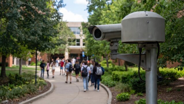 Surveillance Camera in College Campus Setting with Students Nearby