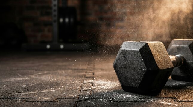 Heavy Hex Dumbbell on Gym Floor with Floating Chalk Dust