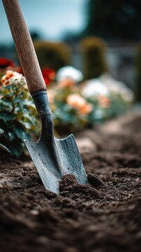 Close-up of Metal Spade in Ground with Blurred Garden Background