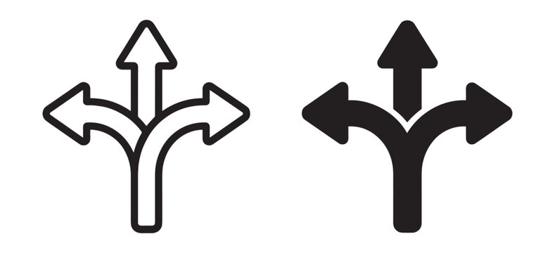 three way arrow fork icon, navigation direction choice symbol, outline and filled versions on transparent background