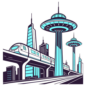 A futuristic cityscape illustration showcases the space needle a monorail and various stylized buildings in a vibrant graphic style high quality professional
