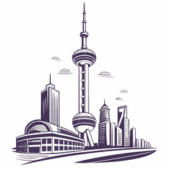 Obraz premium An illustrative depiction showcases the oriental pearl tower and shanghai skyline presented in a stylized monochromatic design high quality professional detailed modern