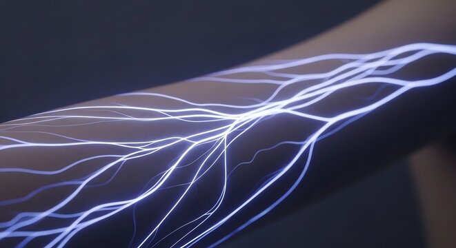 Close-up of glowing blue veins on a human arm under dark lighting.