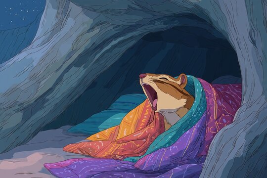 Adorable Chipmunk Yawning While Wrapped in Colorful Blanket Inside Tree Hollow