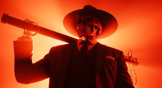 Menacing skeleton mobster in a suit and fedora with a heavy pipe. Horror noir concept. Skeleton gangster holding a weapon over shoulder in intense orange glowing light.