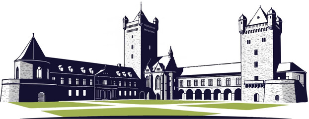 Obraz premium An illustration of a grand stone castle with dark tiled roofs and tall towers on a grassy lawn