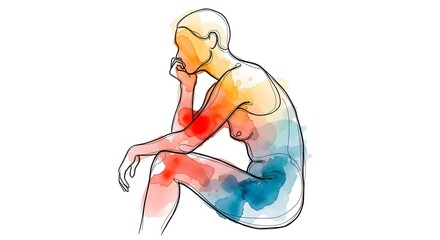 Naklejka premium Continuous line art of a person in thinking pose. Problem solving and philosophy concept. Contemplative human figure sitting with hand on chin and watercolor accents