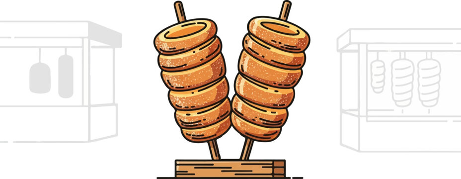 Two golden baked chimney cakes on sticks, displayed at a stall
