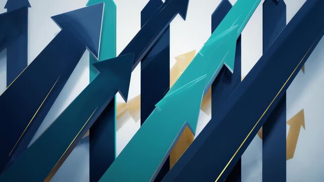 Cinematic motion video clip of growing blue and gold arrows pointing upwards