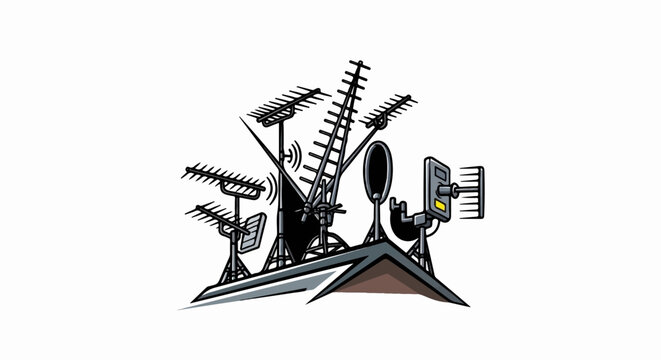 A rooftop antenna array with signal waves and a directional receiver
