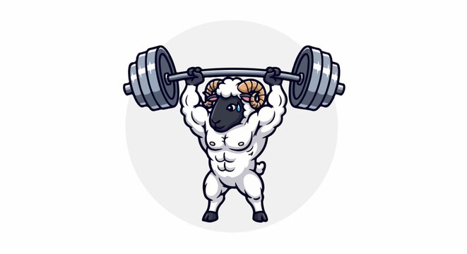 Muscular ram with horns lifts a heavy barbell over its head, showing its strength