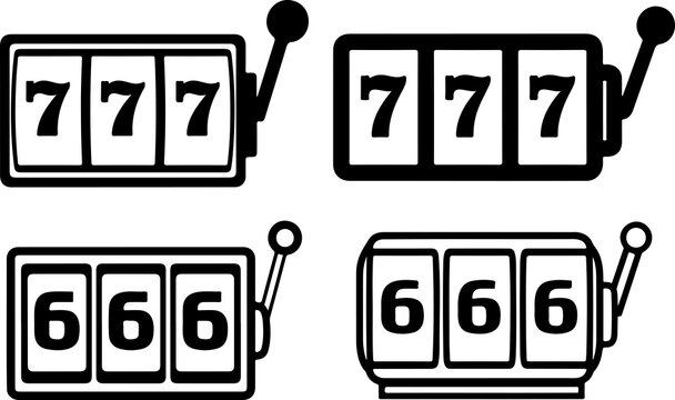 Two slot machines displaying sevens a striking black silhouette. Seven segment display vector silhouette.
