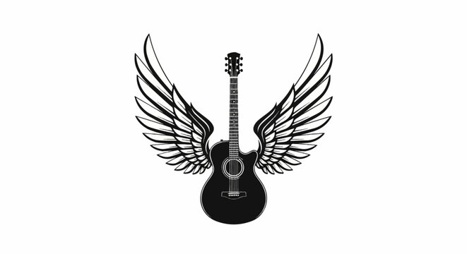 Black acoustic guitar with large outstretched wings against a white background