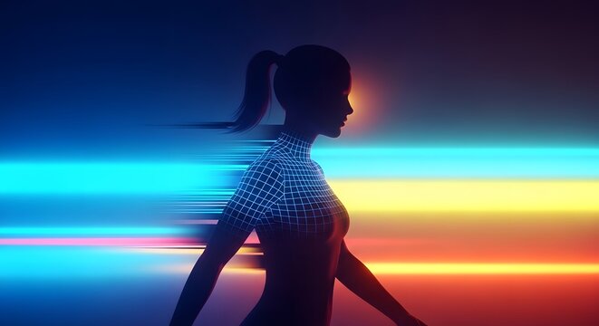 Fast paced running woman in digital space. Athletic lifestyle and futuristic fitness. Female silhouette moving through neon light speed lines